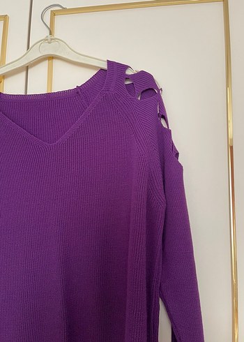 Mor V Yaka Örgü Kadın Kazak - Görsel 5