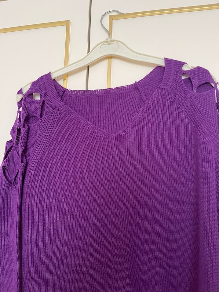 Mor V Yaka Örgü Kadın Kazak - Görsel 4