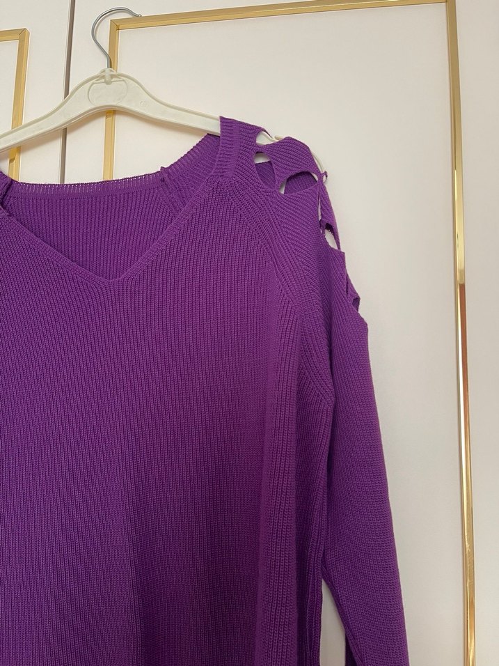 Mor V Yaka Örgü Kadın Kazak - Görsel 5