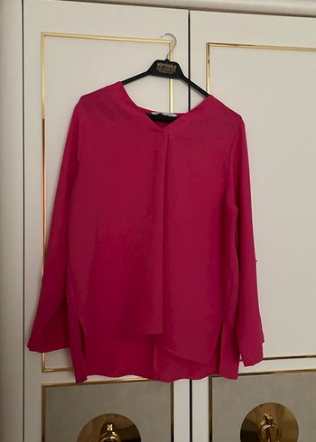 Pembe V Yaka Uzun Kollu Salaş Bluz - Görsel 3