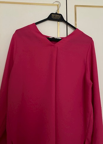 Pembe V Yaka Uzun Kollu Salaş Bluz - Görsel 2