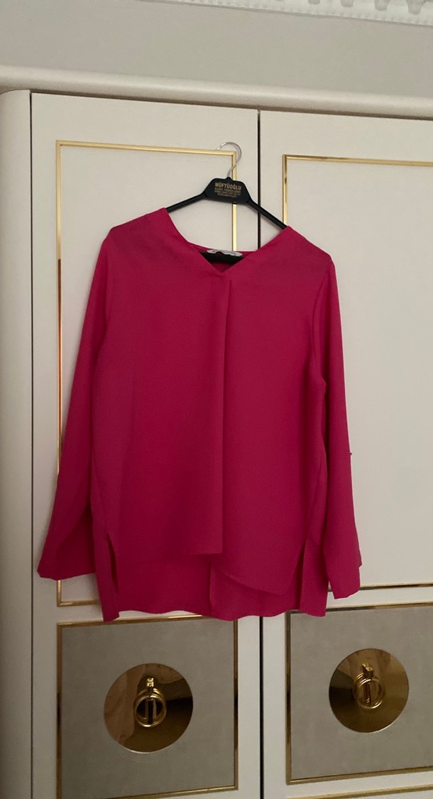 Pembe V Yaka Uzun Kollu Salaş Bluz - Görsel 3