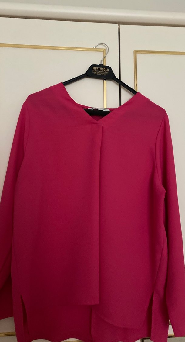 Pembe V Yaka Uzun Kollu Salaş Bluz - Görsel 2