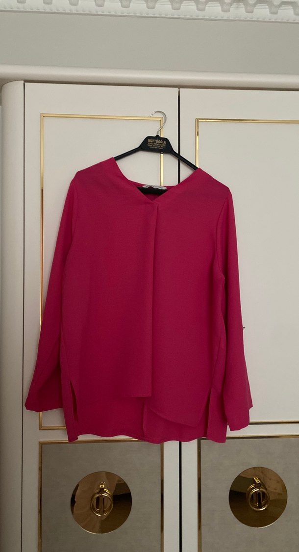 Pembe V Yaka Uzun Kollu Salaş Bluz - Görsel 5