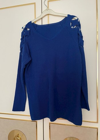 Mavi V Yaka Örgü Kadın Kazak - Görsel 4