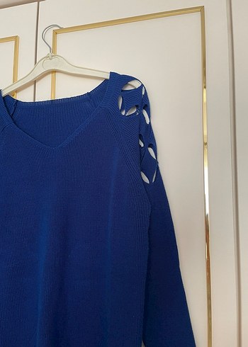 Mavi V Yaka Örgü Kadın Kazak - Görsel 3