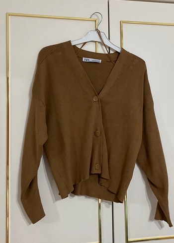 Düğmeli Kahverengi V Yaka Kadın Hırka - Görsel 3