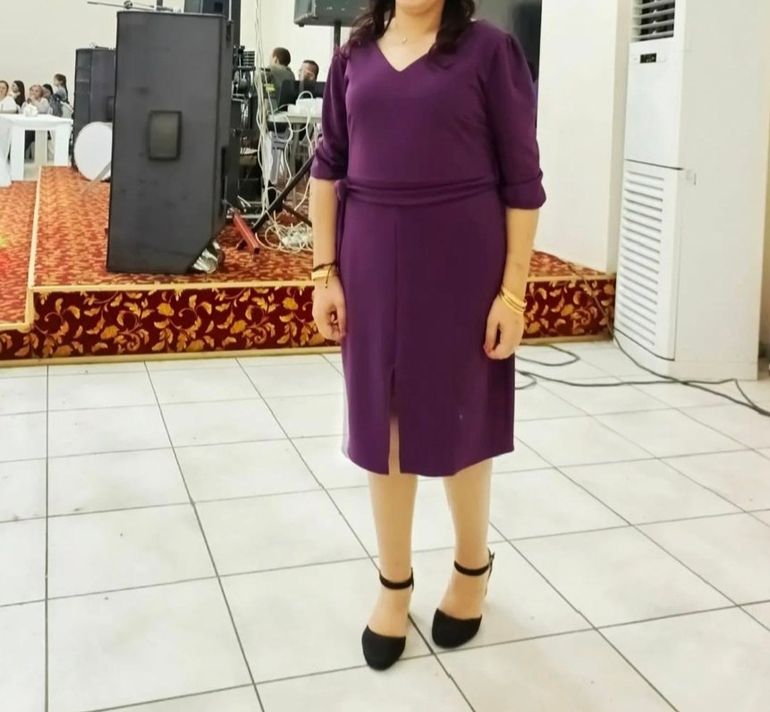 Mor V Yaka Uzun Örme Elbise - Görsel 3