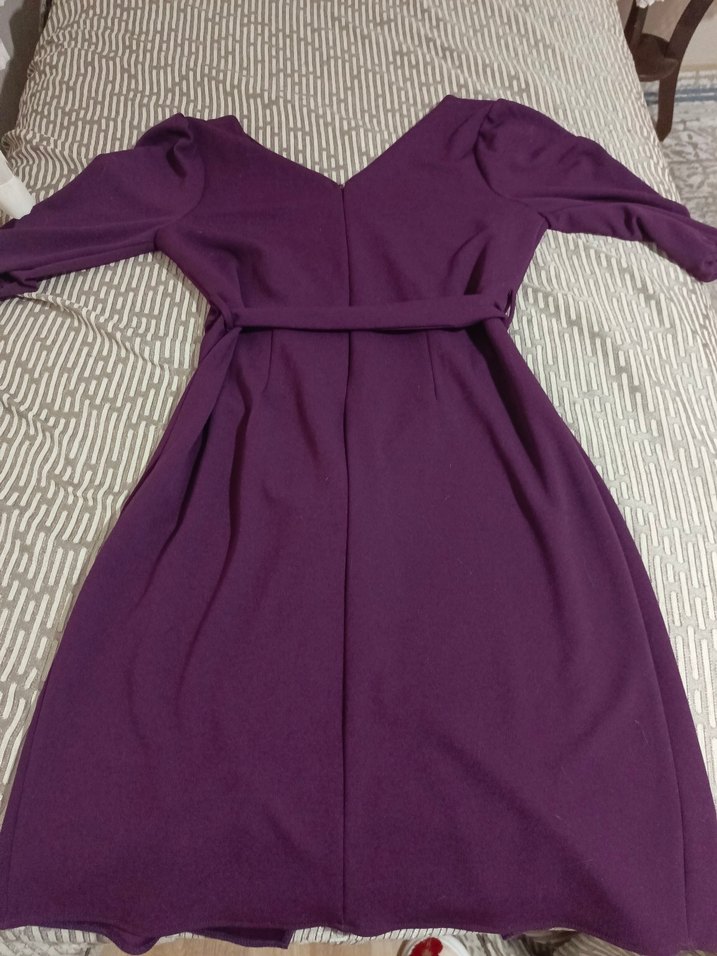 Mor V Yaka Uzun Örme Elbise - Görsel 2