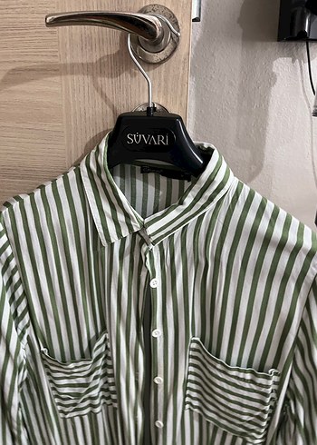Yeşil Çizgili Uzun Kollu Kadın Gömlek - Görsel 3