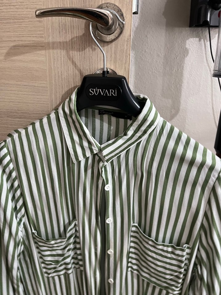 Yeşil Çizgili Uzun Kollu Kadın Gömlek - Görsel 3