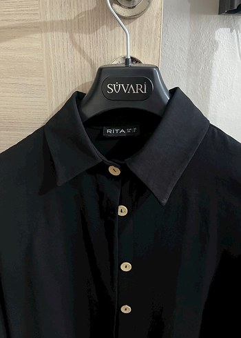 Siyah Uzun Kollu Düğmeli Kadın Gömlek - Görsel 3