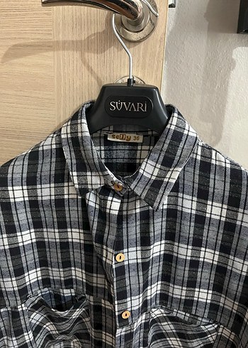 Gri Ekose Düğmeli Kadın Gömlek - Görsel 3