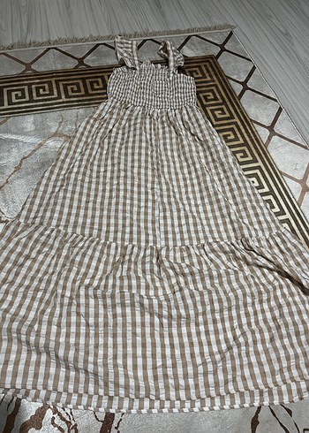 Uzun Kahverengi Kareli Bohem Elbise - Görsel 3