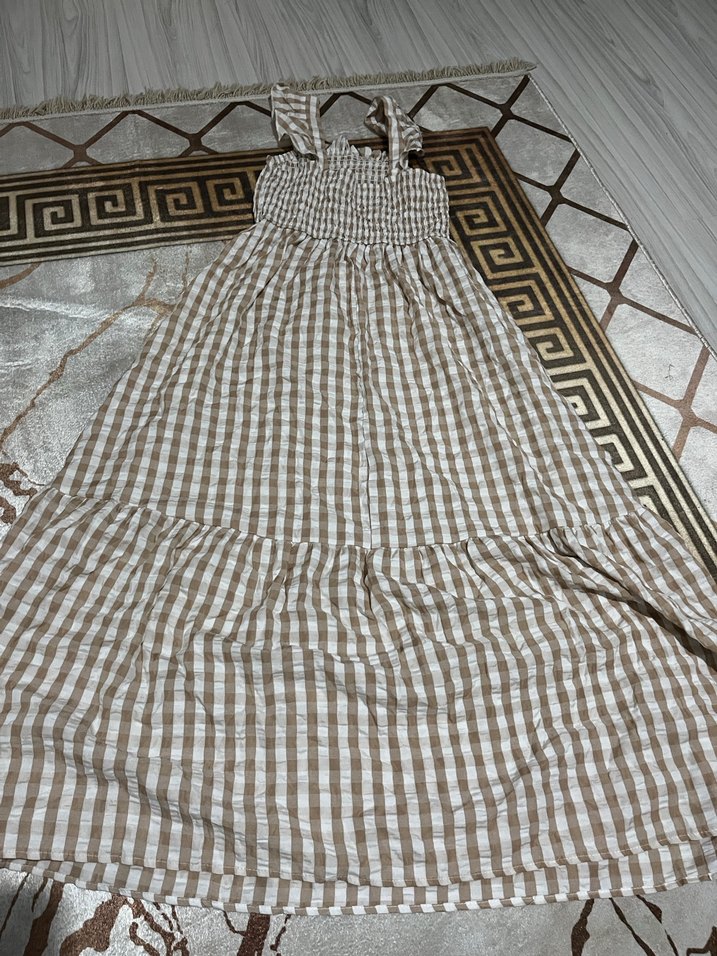 Uzun Kahverengi Kareli Bohem Elbise - Görsel 2