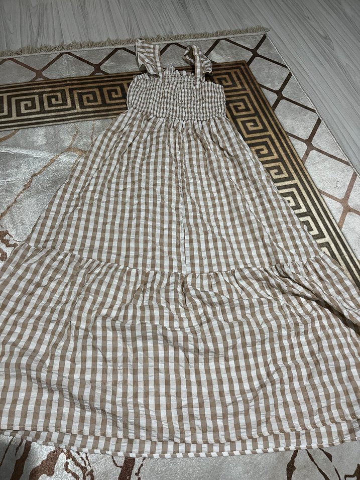 Uzun Kahverengi Kareli Bohem Elbise - Görsel 3