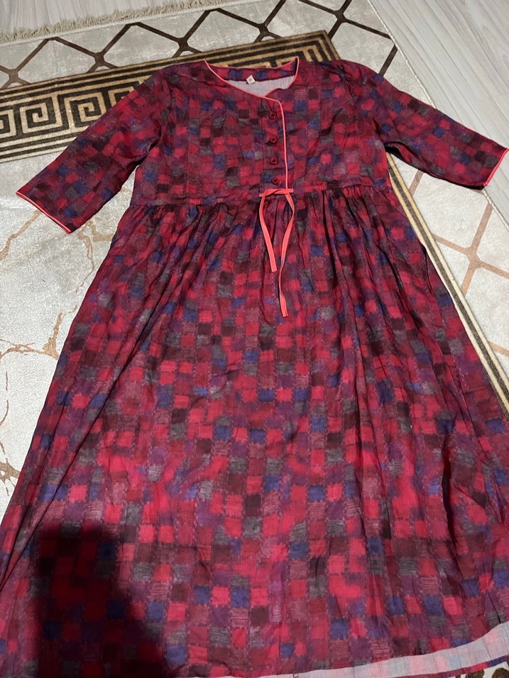 Bordo Düğmeli Uzun Bohem Elbise - Görsel 2