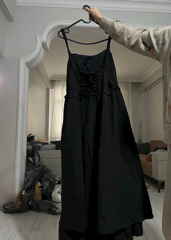 Düğmeli Siyah Uzun Keten Elbise - Görsel 2