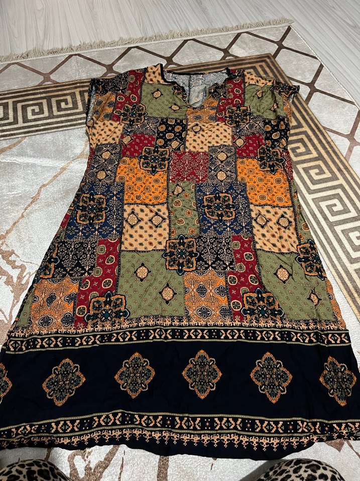 Bohem Çok Renkli Uzun Kolsuz Elbise - Görsel 2