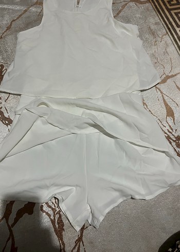 Beyaz Keten Mini Kadın Tulum - Görsel 4