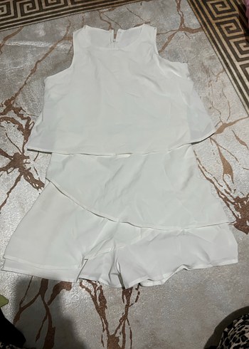 Beyaz Keten Mini Kadın Tulum - Görsel 3