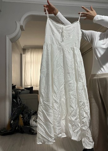 Beyaz Keten Salaş Midi Elbise - Görsel 3