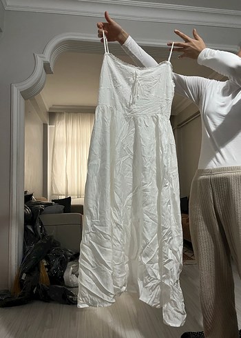 Beyaz Keten Salaş Midi Elbise - Görsel 2