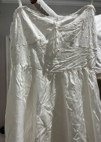 Beyaz Keten Salaş Midi Elbise - Görsel 4