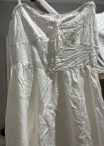 Beyaz Keten Salaş Midi Elbise - Görsel 5