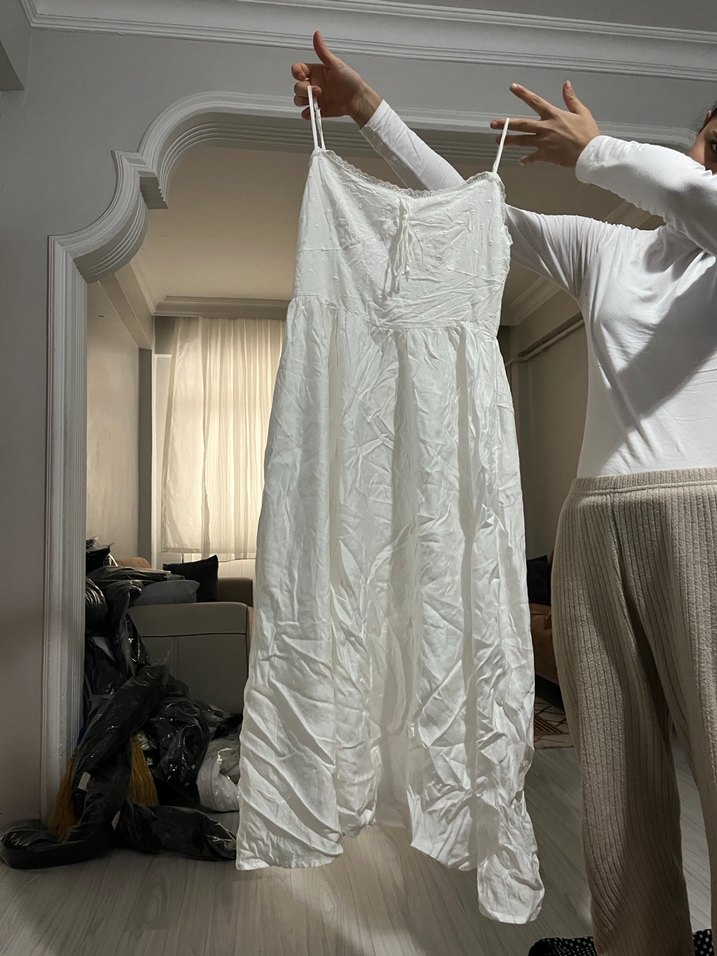 Beyaz Keten Salaş Midi Elbise - Görsel 2