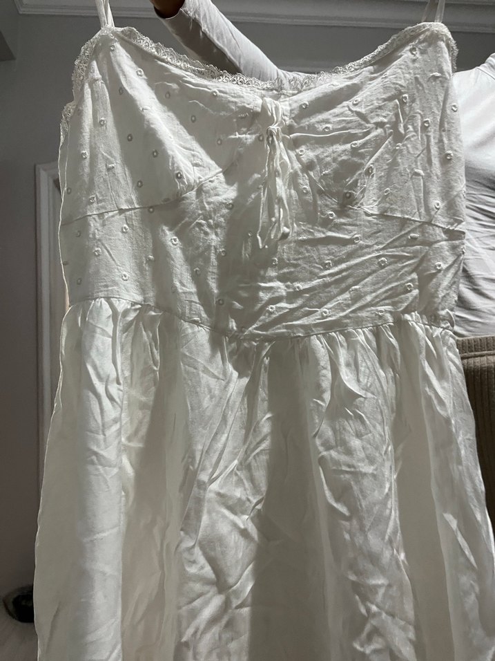 Beyaz Keten Salaş Midi Elbise - Görsel 4