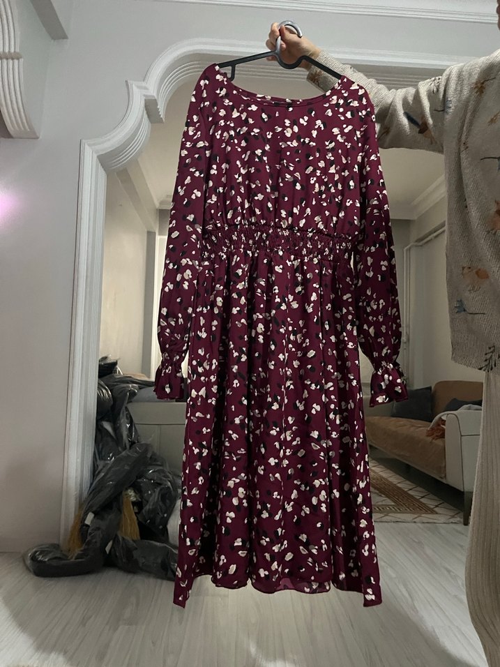 Bordo Uzun Kollu Bağlamalı Uzun Elbise - Görsel 4