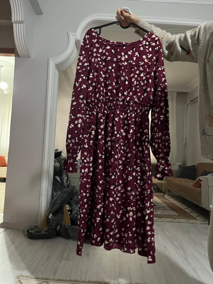 Bordo Uzun Kollu Bağlamalı Uzun Elbise - Görsel 3