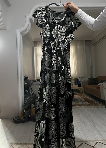 Desenli Siyah V Yaka Uzun Bohem Elbise - Görsel 2