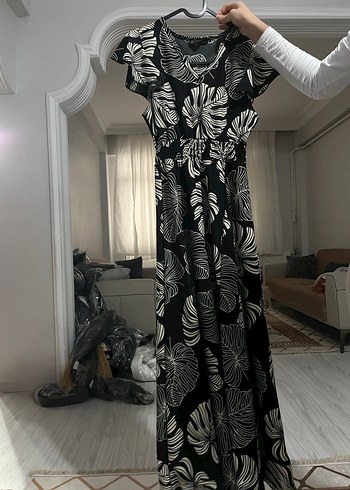 Desenli Siyah V Yaka Uzun Bohem Elbise - Görsel 3