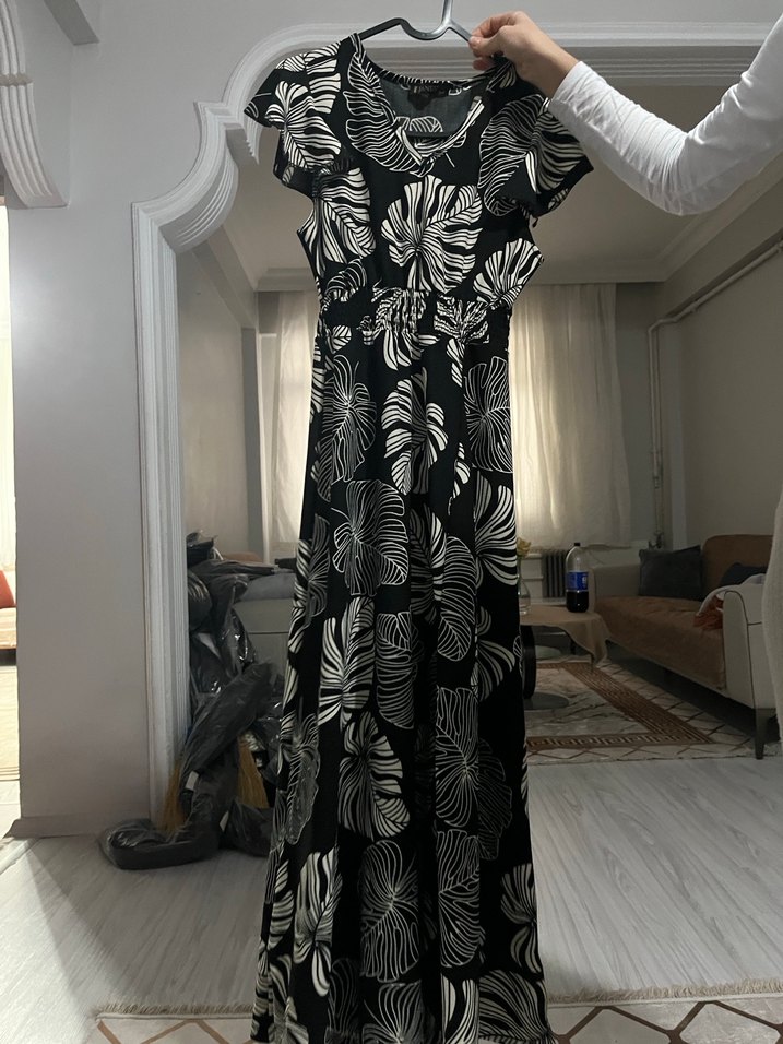 Desenli Siyah V Yaka Uzun Bohem Elbise - Görsel 2