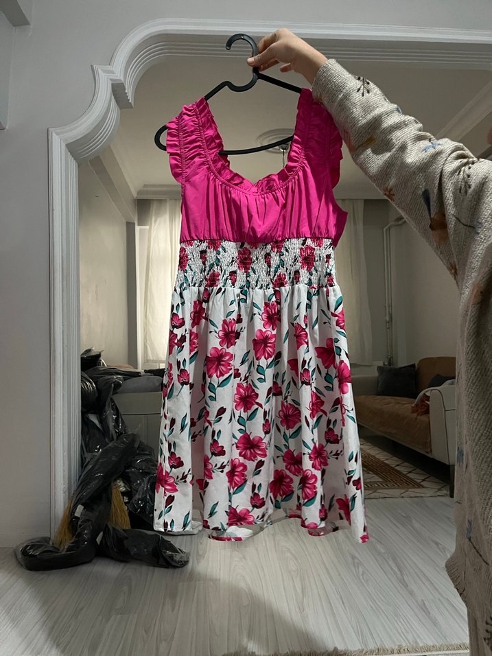 Pembe Çiçekli Fırfırlı Bohem Mini Elbise - Görsel 2