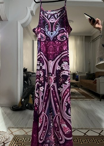 Mor Desenli Salaş Uzun Elbise - Görsel 2