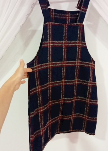 Kadın Lacivert Kareli Askılı Midi Elbise - Görsel 3