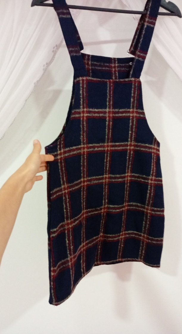 Kadın Lacivert Kareli Askılı Midi Elbise - Görsel 3