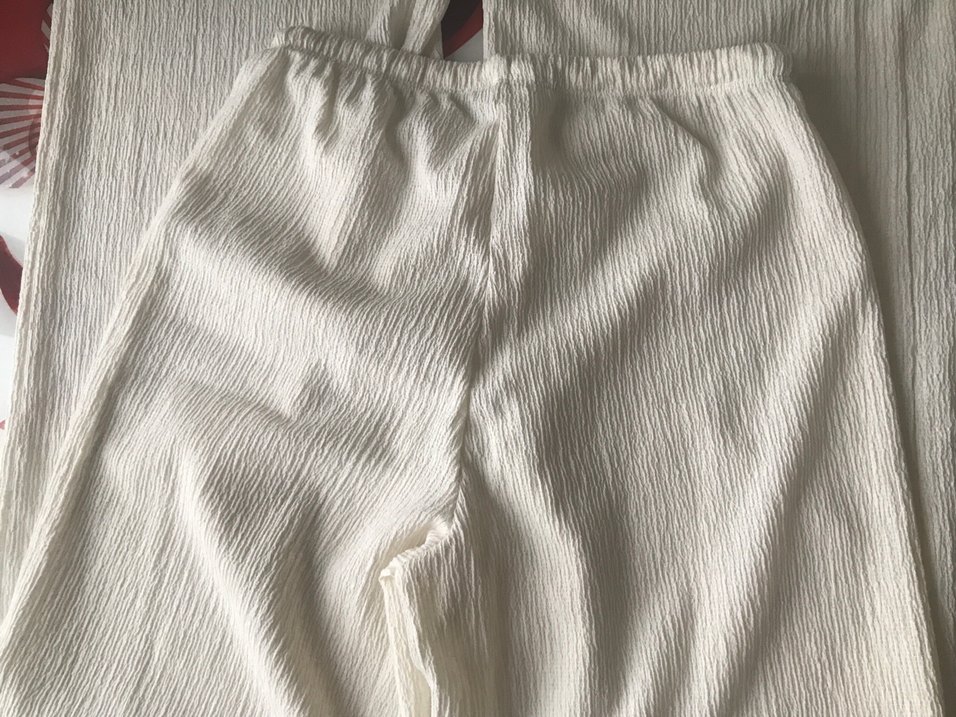 Beyaz Pilili Bol Kesim Keten Kadın Pantolon - Görsel 3