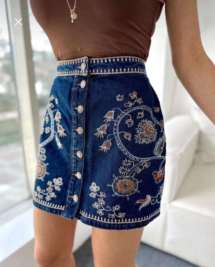 KAROL Düğmeli Nakışlı Tasarım Mavi Kot Etek - Görsel 3