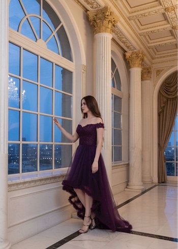 Kadın Mor Straplez Uzun Abiye Elbise - Görsel 4