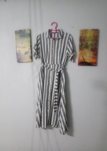 Gri Çizgili Kadın Uzun Elbise - Görsel 2