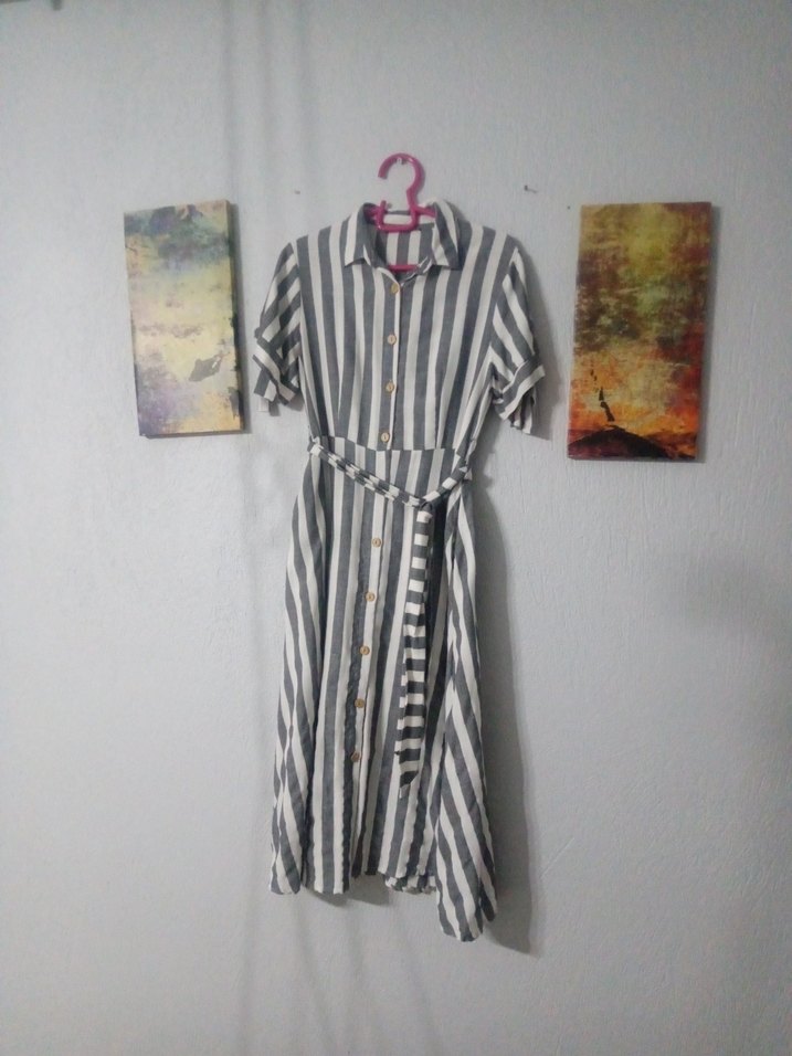 Gri Çizgili Kadın Uzun Elbise - Görsel 2