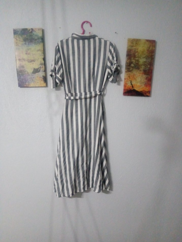 Gri Çizgili Kadın Uzun Elbise - Görsel 3