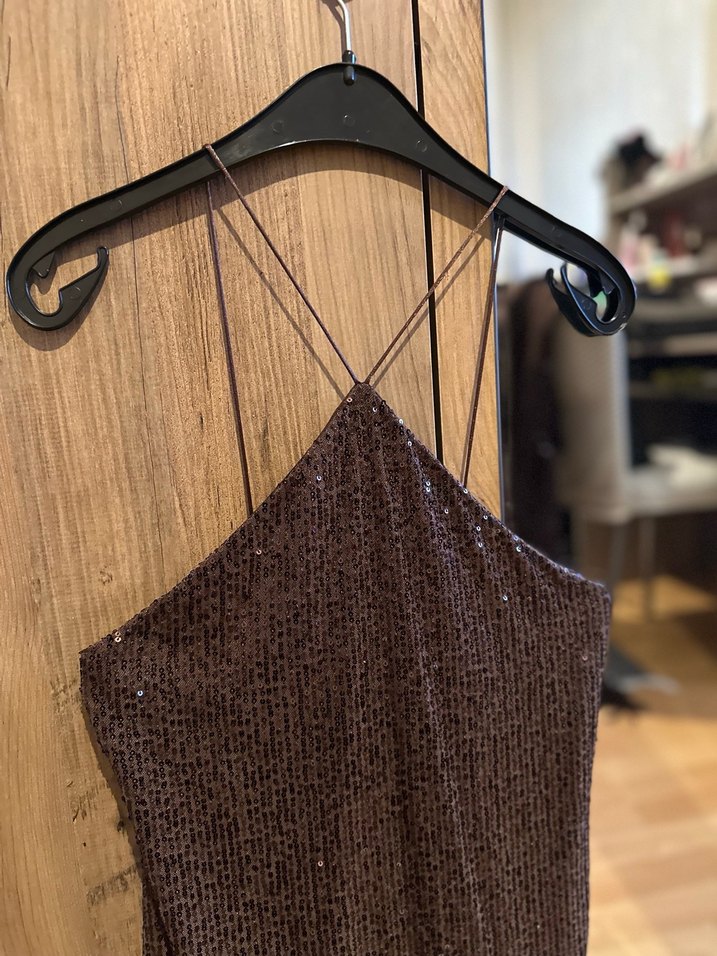 Pull bear Simli Kahverengi İnce Askılı Midi Abiye Elbise - Görsel 3