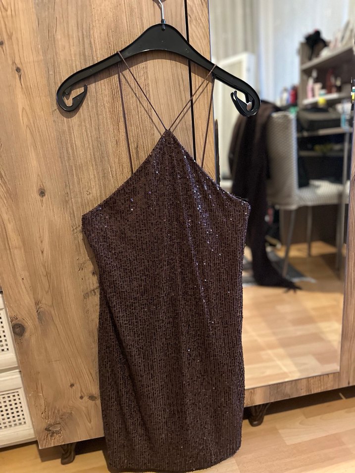 Pull bear Simli Kahverengi İnce Askılı Midi Abiye Elbise - Görsel 2