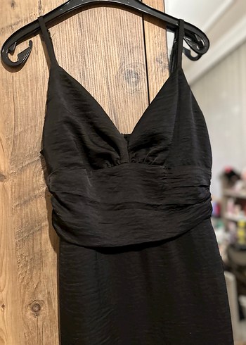 Siyah V Yaka Drapeli Uzun Abiye Elbise - Görsel 2