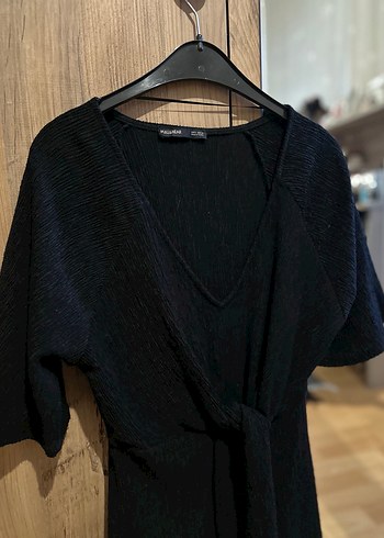 Pull and bear V Yaka Siyah Kadın Uzun Keten Triko Elbise - Görsel 2